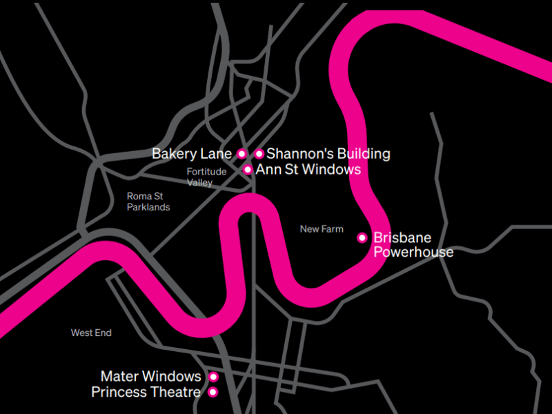 A stylized map showing various locations marked with pink dots along a winding river, including Bakery Lane, Shannon's Building, Ann St Windows, Brisbane Powerhouse (hosting Christian Thompson at Melt Festival Brisbane 2024), Mater Windows, and Princess Theatre. Roads and city areas are also depicted.